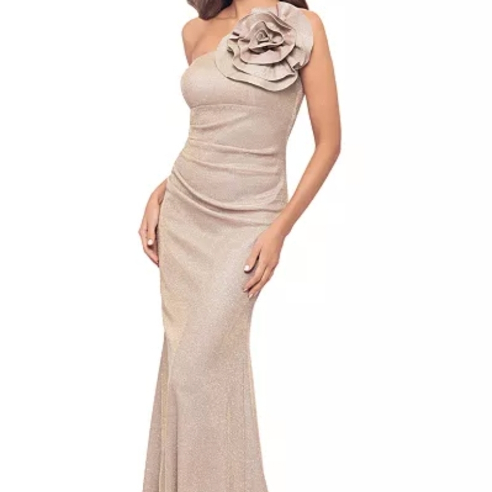 Betsy & Adam One-Shoulder Beige Dress with Floral Detail